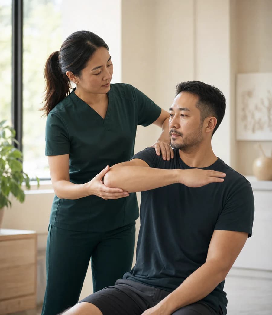 A physiotherapist guiding a patient through a shoulder mobility exercise